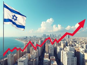 תמונה ראשית מייצגת דגל ישראל - נוף תל אביב ומדד גרף בצבע אדום המסמן עלייה במחירים