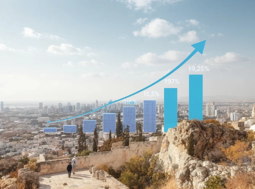 תמונה ראשית בנוף ישראל עם גרפים המייצגים ריכוז מידע וסטטיסטיקות כלכלה ומשכנתא בישראל